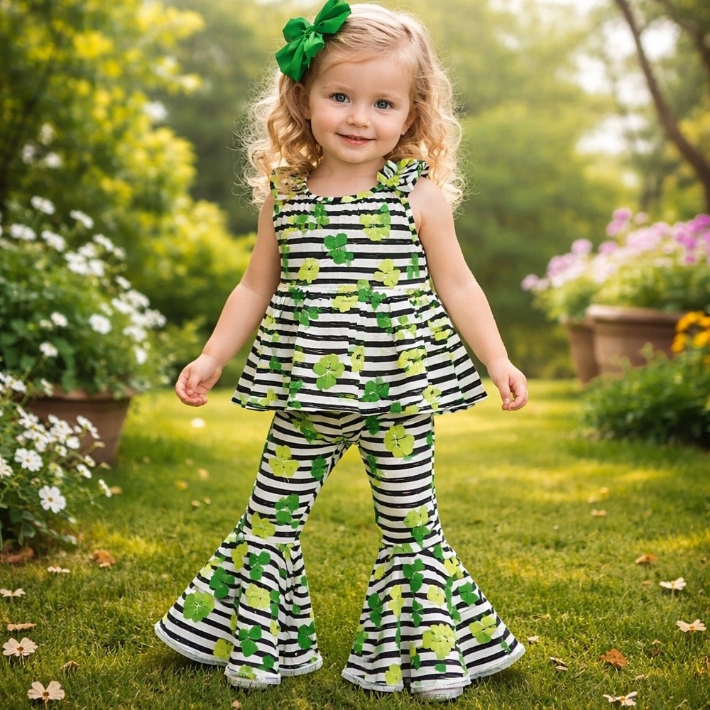 Bums‎ & Roses St Patrick Shamrock Stripe Bamboo Peplum Bell Bottom Set 3T NWT's